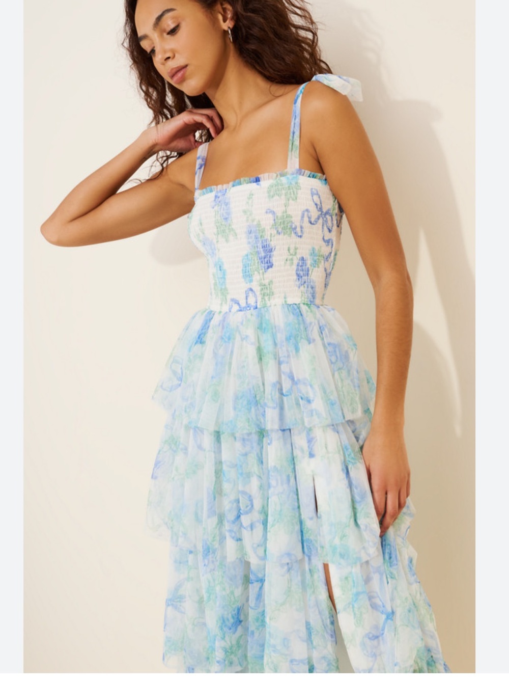Aria Smocked Tiered Floral Maxi Dress in Blue & Green